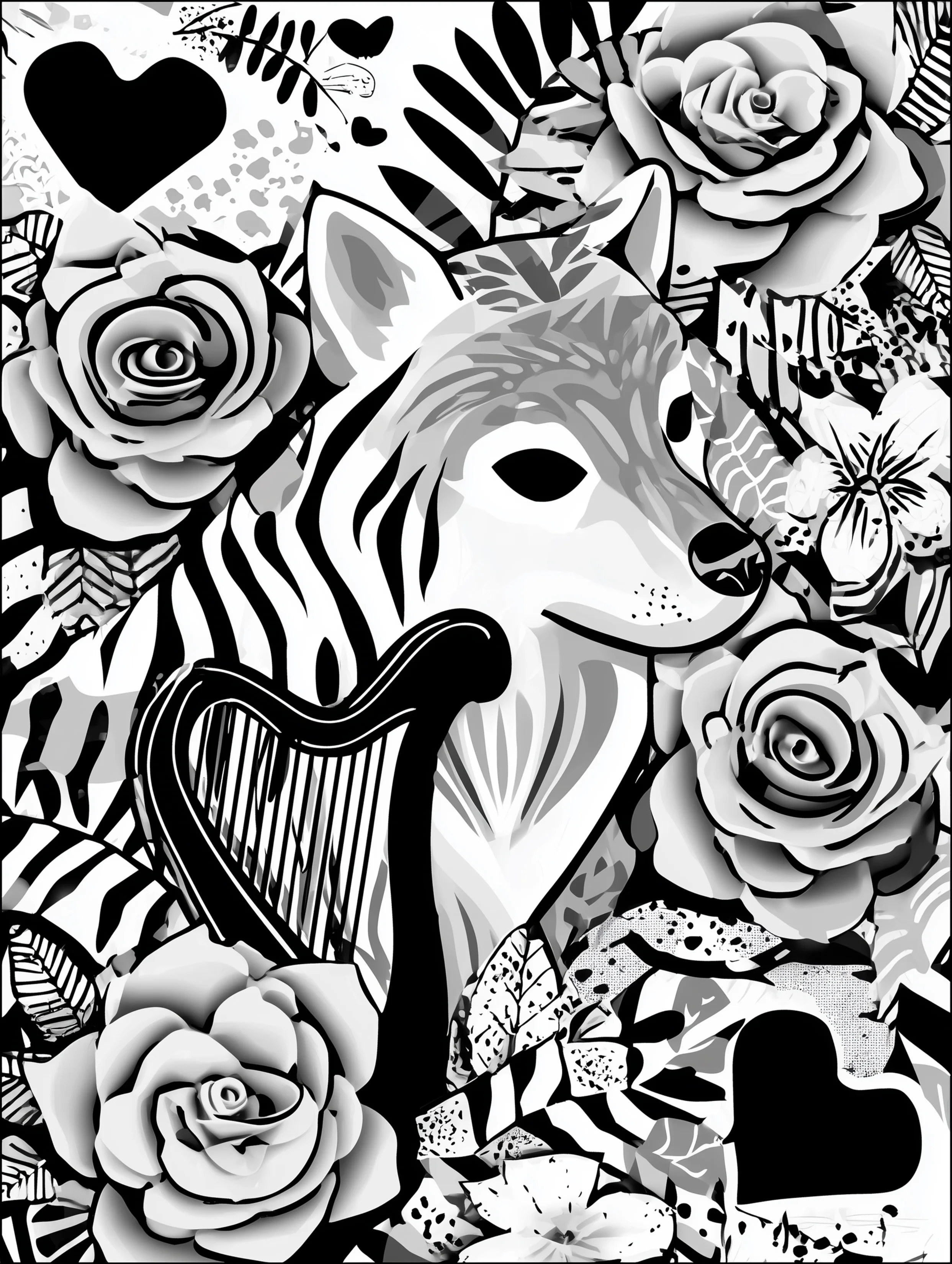 Free printable wolf coloring page for adults featuring a wolf with a harp